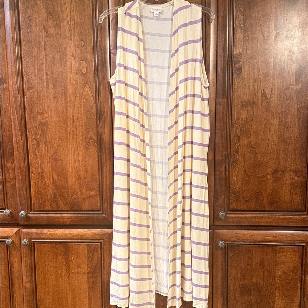 LuLaRoe Joy Purple & Cream striped long sleeveless vest
